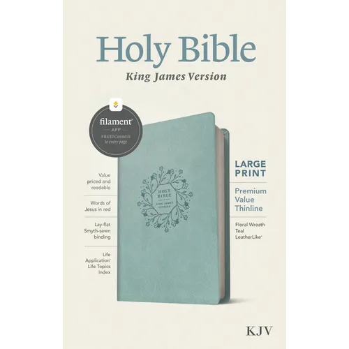 KJV Large Print Premium Value Thinline Bible, Filament Enabled (Leatherlike, Floral Wreath Teal, Red Letter)