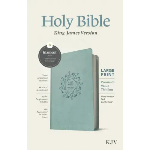 KJV Large Print Premium Value Thinline Bible, Filament Enabled (Leatherlike, Floral Wreath Teal, Red Letter)